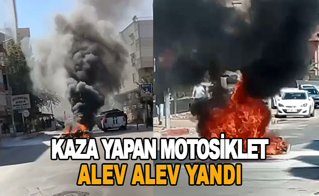 Kaza yapan motosiklet alev alev yandı